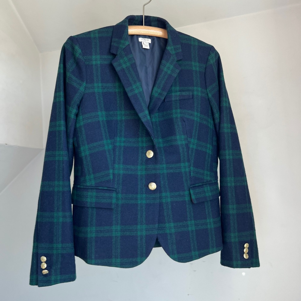 J.Crew Plaid Schoolboy Blazer Size 10 Green Navy Wool Blend Crest Button Preppy - Picture 3 of 9